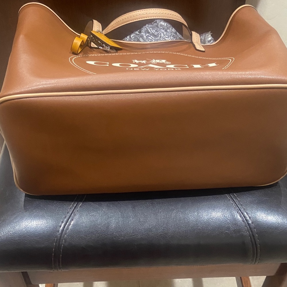 Coach Tan Leather Tote with Yellow Accent - Picture 6 of 7